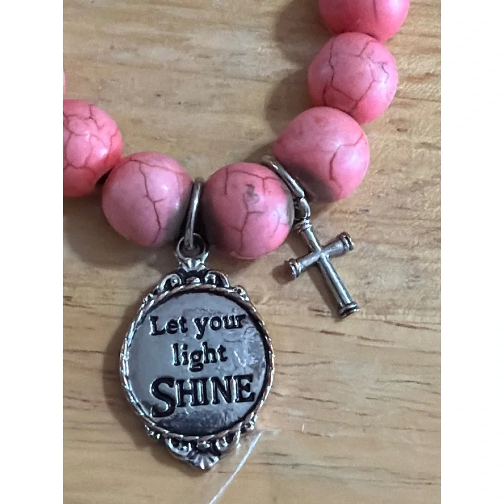 Inspirational Let Your Light Shine Cross Charm Beaded Stretch Bracelet Pink